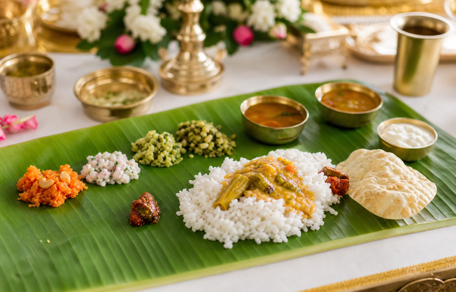 Traditional South Indian lunch served on banana leaf