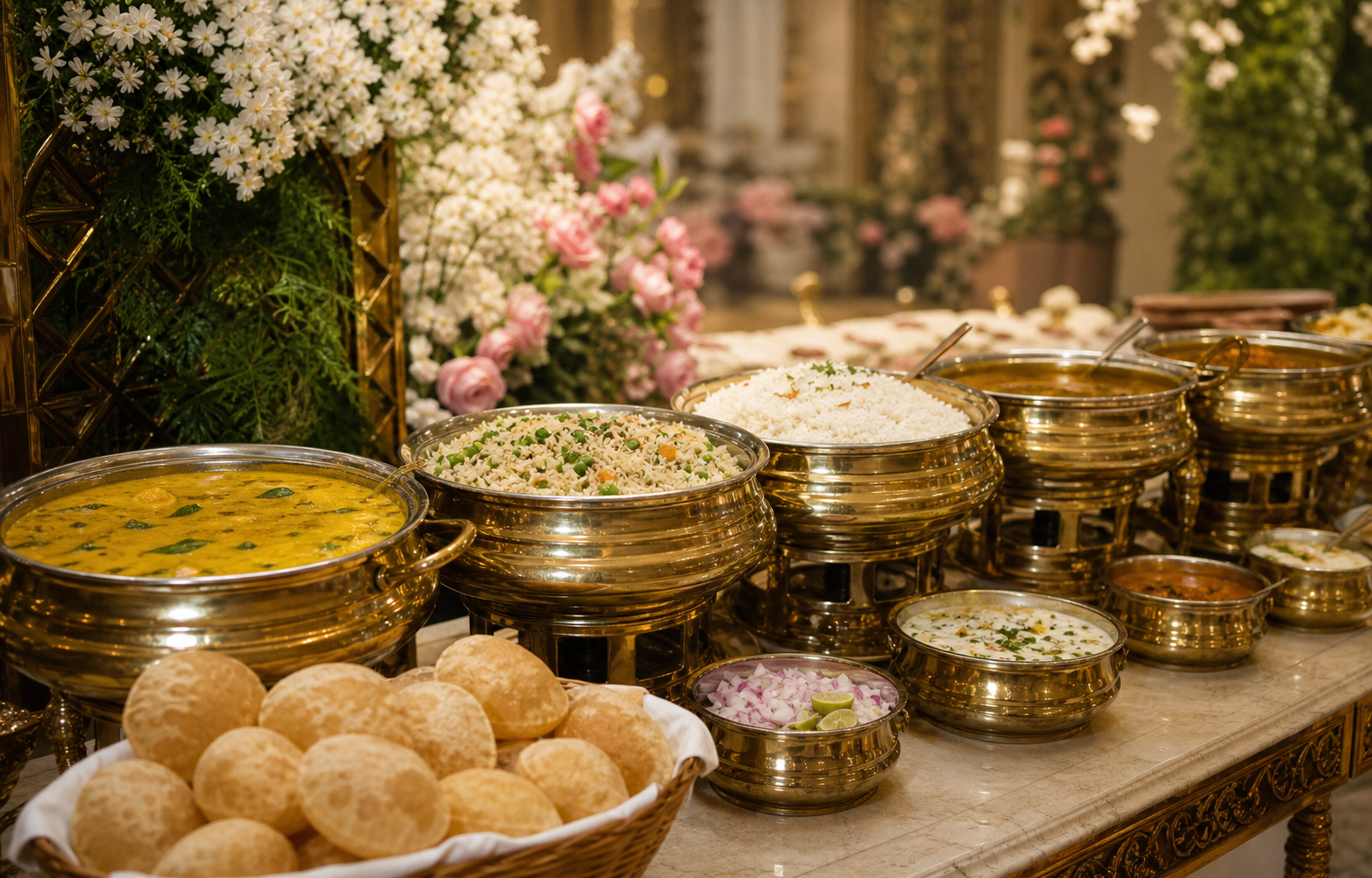 Premium reception buffet with brass serving vessels